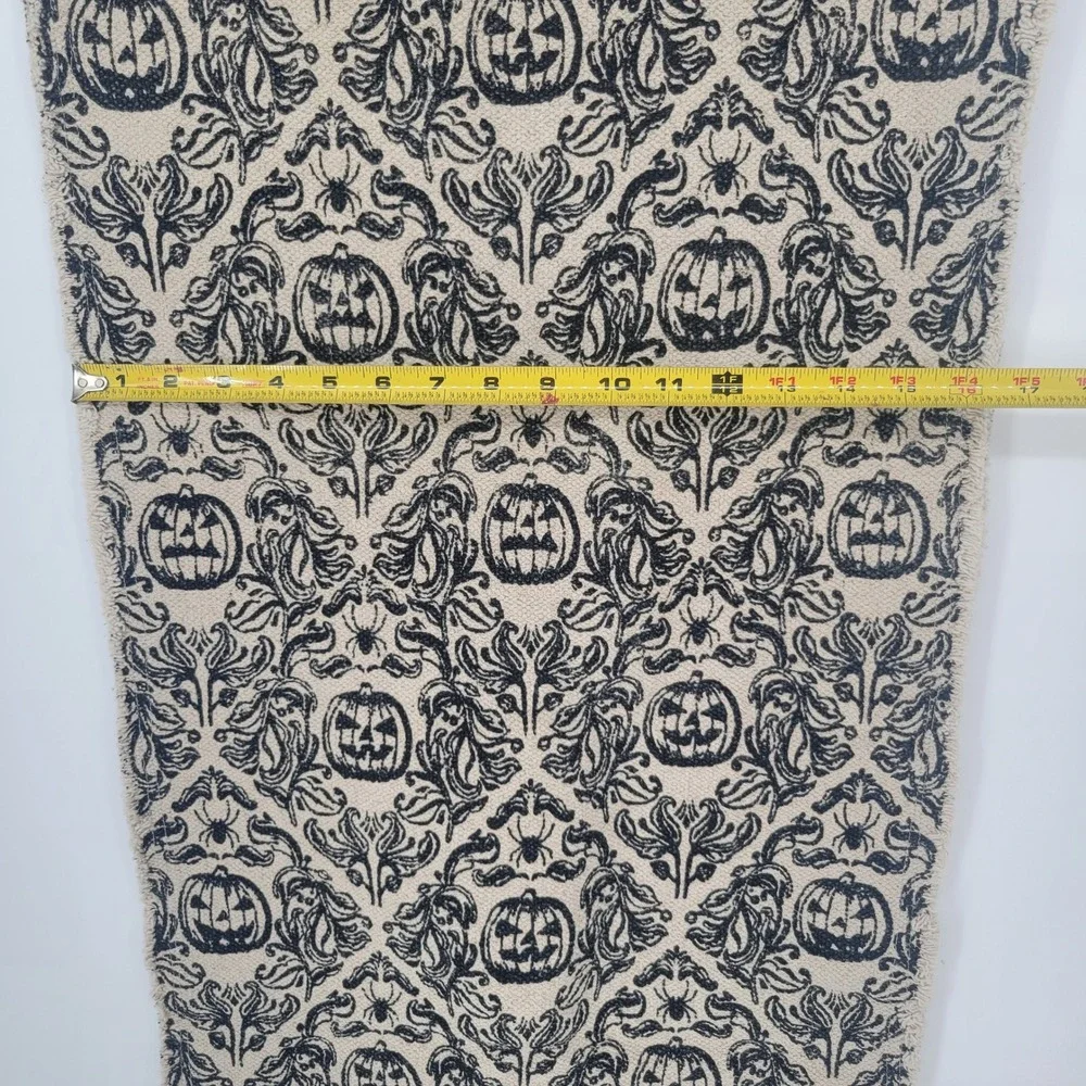 Goblin & Ghoul Halloween Table Runner Black Damask Pumpkin Spider Cream 16x72